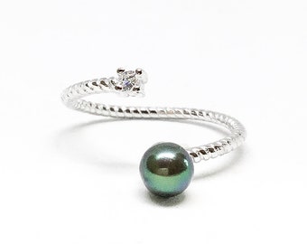 Blest Jewellery- Pearl Ring - AAA 4-5MM Black Color Freshwater Pearl Ring, Cubic Zirconia With 925 Silver