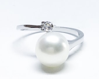 Blest Jewellery- Pearl Ring - AAA 7-8MM White Color Freshwater Pearl Ring, Cubic Zirconia With 925 Silver