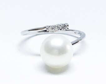 Blest Jewellery- Pearl Ring - AAA 7-8MM White Color Freshwater Pearl Ring, Cubic Zirconia With 925 Silver