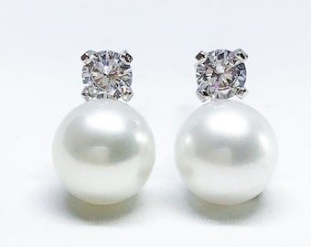 Blest Jewellery- Pearl Earring - AAA 8-9 MM White Color Freshwater Pearl Earrings, Cubic Zirconia With 925 Silver