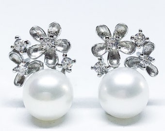 Blest Jewellery- Pearl Earring - AAA 8-9 MM White Color Freshwater Pearl Earrings, Cubic Zirconia With 925 Silver