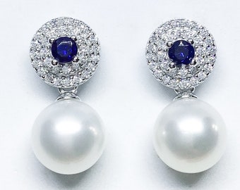 Blest Jewellery- Pearl Earring - AAA 8-9 MM White Color Freshwater Pearl Earrings, Cubic Zirconia With 925 Silver