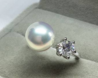 Blest Jewellery- Pearl Ring - AAA 9-10MM White Color Freshwater Pearl Ring, Cubic Zirconia With 925 Silver