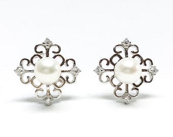 Blest Jewellery- Pearl Earring - AAA4-5mm White Color Freshwater Pearl Earrings, Cubic Zirconia With 925 Silver