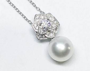 Blest Jewellery- Pearl Pendant - AAA7-8MMWhite Color Freshwater Pearl Pendant , Cubic Zirconia With 925 Silver,18 Inches 925 Silver Chain 