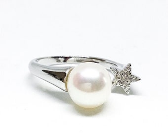 Blest Jewellery- Pearl Ring - AAA 6-7mm Gray Color Freshwater Pearl Ring, Cubic Zirconia With 925 Silver