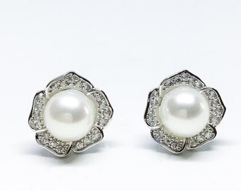 Blest Jewellery- Pearl Earring - AAA6-7 MM White Color Freshwater Pearl Earrings, Cubic Zirconia With 925 Silver