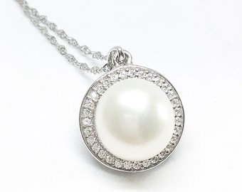 Blest Jewellery- Pearl Pendant - AAA 10MM White Color Freshwater Pearl Pendant , Cubic Zirconia With 925 Silver,18 Inches 925 Silver Chain 