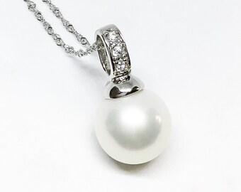 Blest Jewellery- Pearl Pendant - AAA11 MMWhite Color Freshwater Pearl Pendant , Cubic Zirconia With 925 Silver,18 Inches 925 Silver Chain 