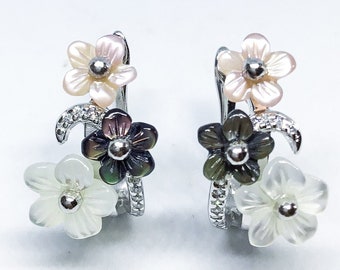 Blest Jewellery- Pink, Black and White Mother of Pearl Flower Earrings-925 Sterling Silver