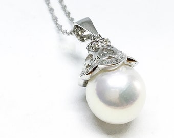 Blest Jewellery- Pearl Pendant - AAA11 MMWhite Color Freshwater Pearl Pendant , Cubic Zirconia With 925 Silver,18 Inches 925 Silver Chain 