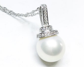 Blest Jewellery- Pearl Pendant - AAA11 MMWhite Color Freshwater Pearl Pendant , Cubic Zirconia With 925 Silver,18 Inches 925 Silver Chain 