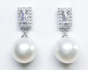Blest Jewellery- Pearl Earring - AAA 8-9 MM White Color Freshwater Pearl Earrings, Cubic Zirconia With 925 Silver
