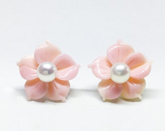 Blest Jewellery-Pink Mother of Pearl Flower and White Freshwater Pearl Earrings-2 Styles Earrings- 925 Sterling Silver