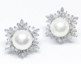 Blest Jewellery- Pearl Earring - AAA8-9MM White Color Freshwater Pearl Earrings, Cubic Zirconia With 925 Silver