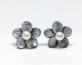 Blest Jewellery-Black Mother of Pearl Flower and White Freshwater Pearl Earrings-2 Styles Earrings- 925 Sterling Silver