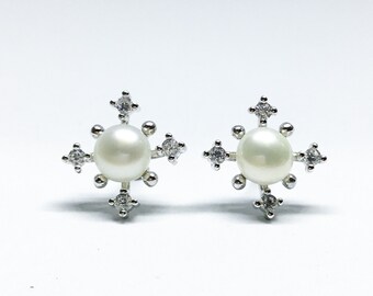 Blest Jewellery- Pearl Earring - AAA 5-6 MM White Color Freshwater Pearl Earrings, Cubic Zirconia With 925 Silver