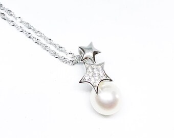 Blest Jewellery- Pearl Pendant - AAA6-7MM White Color Freshwater Pearl Pendant , Cubic Zirconia With 925 Silver,18 Inches 925 Silver Chain 