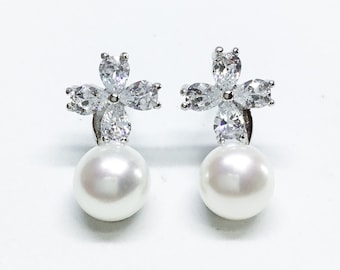 Blest Jewellery- Pearl Earring - AAA 7-8 MM White Color Freshwater Pearl Earrings, Cubic Zirconia With 925 Silver