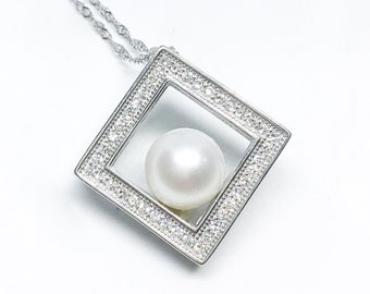 Blest Jewellery- Pearl Pendant - AAA8-9MM White Color Freshwater Pearl Pendant , Cubic Zirconia With 925 Silver,18 Inches 925 Silver Chain 