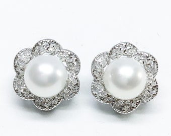 Blest Jewellery- Pearl Earring - AAA 8-9 MM White Color Freshwater Pearl Earrings, Cubic Zirconia With 925 Silver