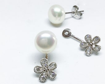 Blest Jewellery- Pearl Earring - AAA 8-9 MM White Color Freshwater Pearl Earrings, Cubic Zirconia With 925 Silver