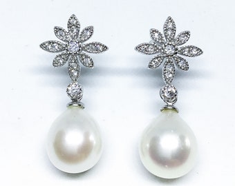 Blest Jewellery- Pearl Earring - AAA 8-9MM White Color Freshwater Pearl Earrings, Cubic Zirconia With 925 Silver