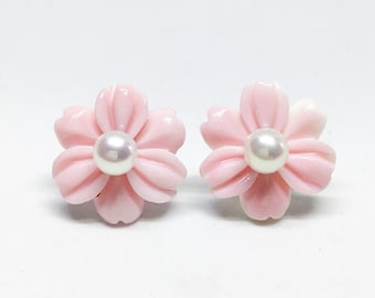 Blest Jewellery-Pink Mother of Pearl Flower and White Freshwater Pearl Earrings-2 Styles Earrings- 925 Sterling Silver