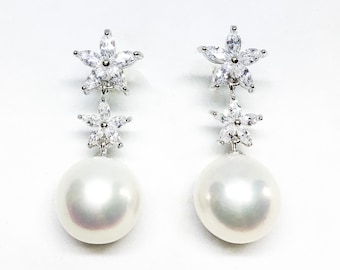 Blest Jewellery- Pearl Earring - AAA10-11MM White Color Freshwater Pearl Earrings, Cubic Zirconia With 925 Silver