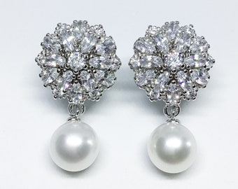 Blest Jewellery- Pearl Earring - AAA 8-9 MM White Color Freshwater Pearl Earrings, Cubic Zirconia With 925 Silver