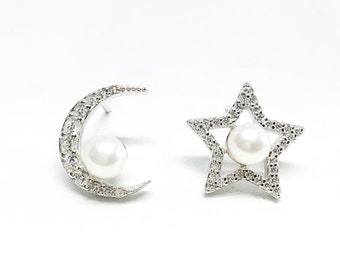 Blest Jewellery- Pearl Earring - AAA5-6MM White Color Freshwater Pearl Earrings, Cubic Zirconia With 925 Silver