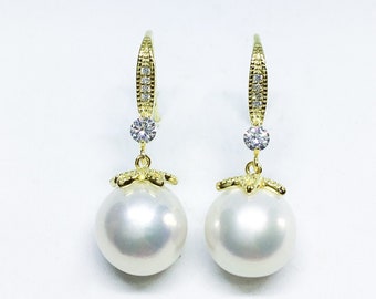 Blest Jewellery- Pearl Earring - AAA10-11MM White Color Freshwater Pearl Earrings, Cubic Zirconia With 925 Silver