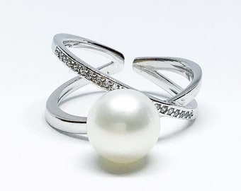 Blest Jewellery- Pearl Ring - AAA 8-9MM White Color Freshwater Pearl Ring, Cubic Zirconia With 925 Silver