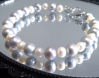 Blest Jewellery-Pearl Bracelet - AA 6-7 Inches Gray and White Color Freshwater Pearl Bracelet - Bridal Pearl Jewelry