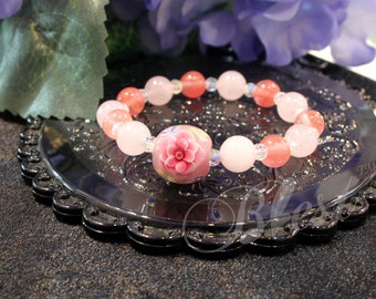 Blest Jewellery -Pink and Red Color Lampwork Beads, Glass Flower Beads, 14mm Round Bead, 10mm Pink and Rose Quartz Freesize bracelet