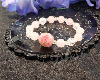 Blest Jewellery -Pink Color Lampwork Beads, Glass Flower Beads, 14mm Round Bead, 10mm Pink Quartz Freesize bracelet