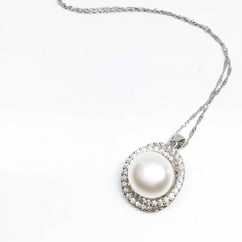 Blest Jewellery Pearl Pendant AA 10-11MM White Color Freshwater Pearl Pendant , Cubic Zirconia With 925 Silver,18 Inches 925 Silver Chain image 6