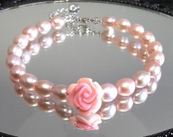 Blest Jewellery-Pearl Bracelet - AAA 6-7 Inches Mother of Pearl Rose and Pink Color Freshwater Pearl Bracelet - Bridal Pearl Jewelry