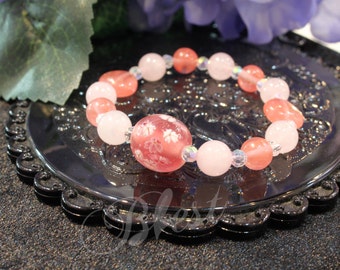 Blest Jewellery -Pink and White Color Lampwork Beads, Glass Flower Beads, 14mm Round Bead, 10mm Pink and Rose Quartz Freesize bracelet