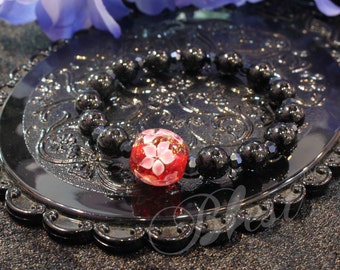 Blest Jewellery -Red and White Color Lampwork Beads, Glass Flower Beads, 14 mm Round Bead, 10mm Black Agate Freesize bracelet