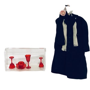 Dollhouse Miniature 1” Scale Black Felt Coat or Red Cups