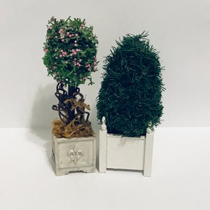 Puede incluir: Dos árboles topiarios en maceta, uno con flores rosas y el otro con hojas verdes, en macetas blancas. La maceta de la izquierda tiene un diseño decorativo de flor de lis.