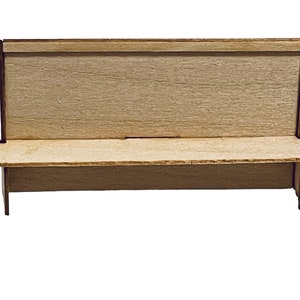 May include: A wooden bench with a high back and a simple design. The bench is made of light brown wood and has a natural finish.