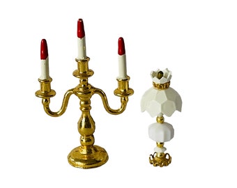 Dollhouse Miniature 1” Scale Gold Tone Candelabra & Lamp