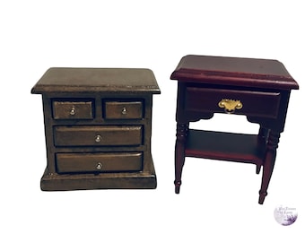 May include: Two miniature wooden nightstands. The one on the left is brown with four drawers. The one on the right is dark red with one drawer and a shelf.