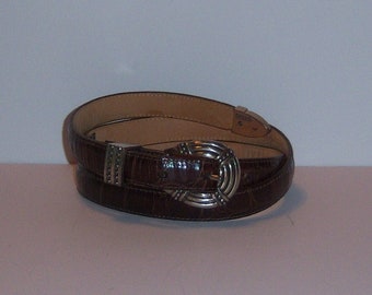 Cinturón vintage Brighton de piel marrón con hebilla plateada y efecto cocodrilo, talla mediana, talla 30, regalo