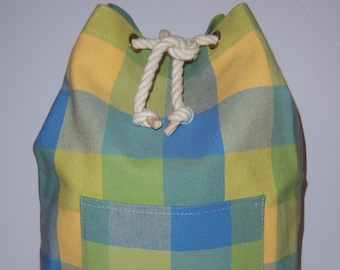 Vintage Laura Ashley Blau Gelb Grün Karo Karo Schwere Baumwolle Canvas Kordelzug Rucksack Tasche Geschenk