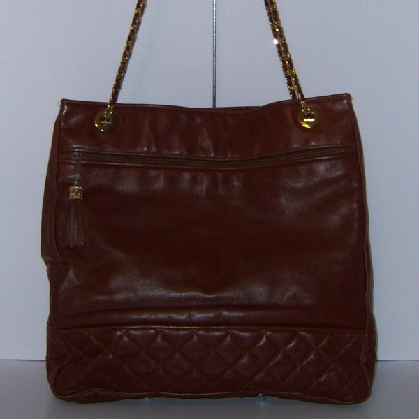 Vintage Brown Soft Quilted Lambskin North South Chain Tote Bag Handbag Purse Tassel