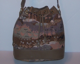 Vintage French Luggage Co. Company Tapestry Leather Countryside Pattern Drawstring Bucket Handbag Purse Bag