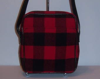 Vintage Talbots Red Black Buffalo Check Plaid Wool Leather Camera